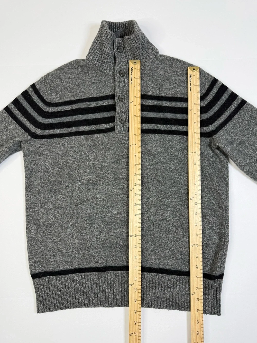 Banana Republic Merino Wool Button Mock Neck Sweater Gray Black Striped Medium